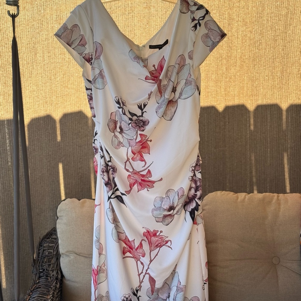 White House Black Market Cream Ruched Wrap Midi Dress with Cowl Neck